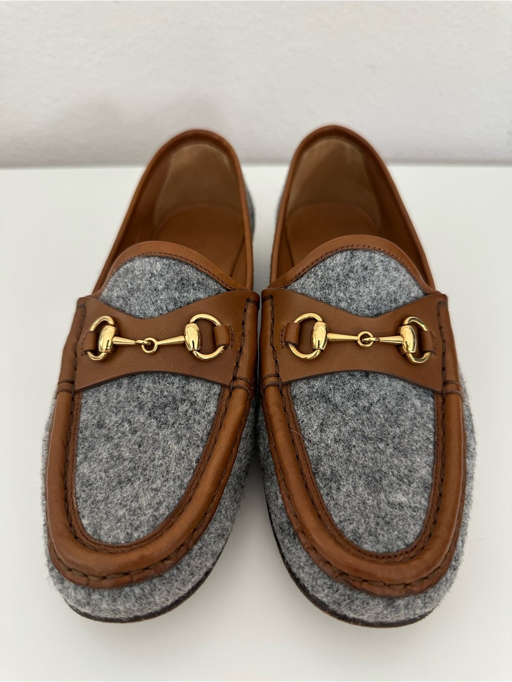 GUCCI Horsebit Wool and Leather Loafer Gray/Tan
